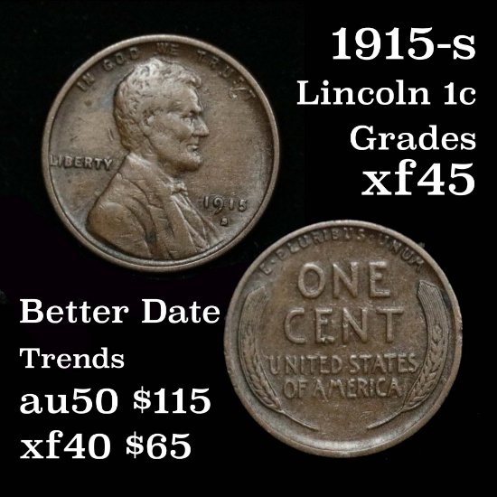tough date 1915-s Lincoln Cent 1c good detail for the grade Grades xf+