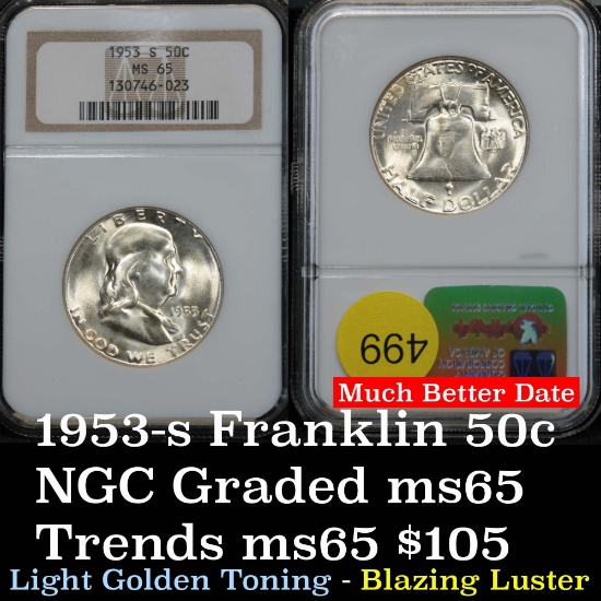 Much better date NGC 1953-s Franklin Half 50c blazing luster Graded ms65 By NGC light golden toning