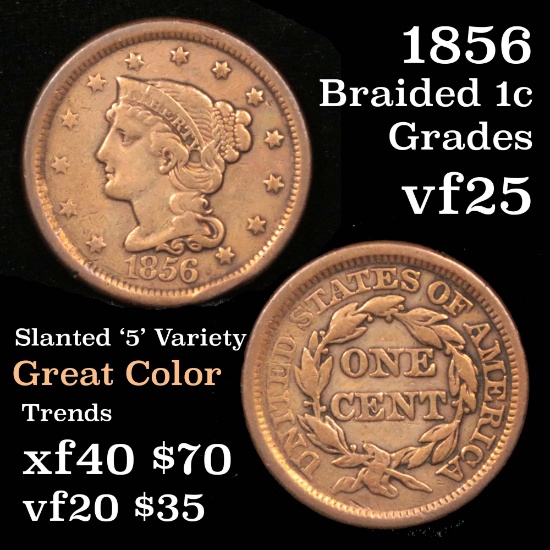 1856 Braided Hair Large Cent 1c Grades vf+ Nice color