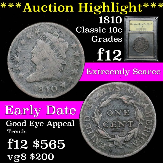 ***Auction Highlight*** Good Eye Appeal 1810 Classic Head Large Cent 1c Graded f, fine by USCG (fc)