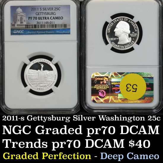 Silver proof 2011-s Gettysburg Silver Proof Washington Quarter 25c Graded pf70 UC By NGC perfection