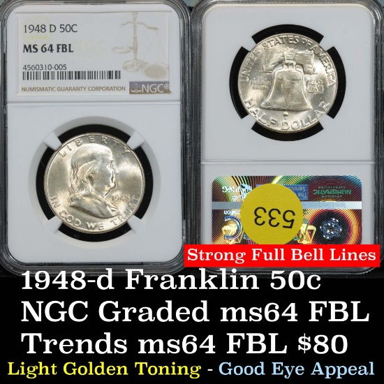 Light golden toning 1948-d Franklin Half Dollar 50c strong full bell lines Graded ms64 FBL By NGC