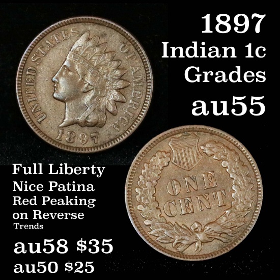 Full Liberty 1897 Indian Cent 1c 4 diamonds Grades Choice AU Pleasing Chocolate Brown Color