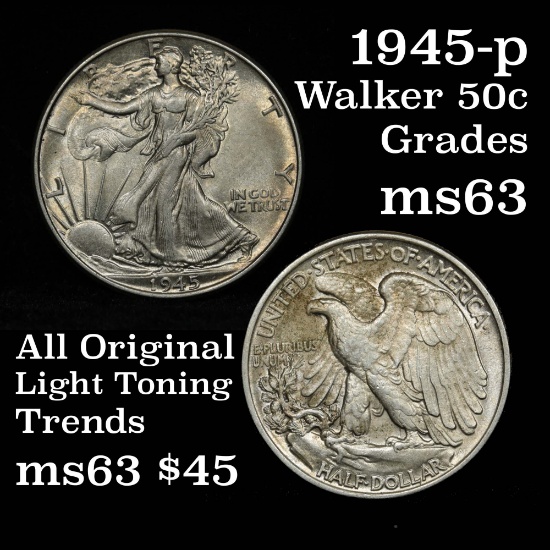 All Original 1945-p Walking Liberty Half Dollar 50c Light Toning Grades Select Unc