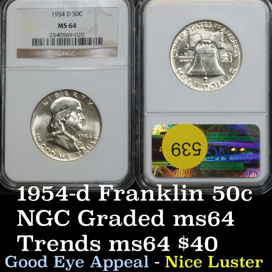 NGC 1954-d Franklin Half Dollar 50c Good eye appeal Graded ms64 By NGC nice luster