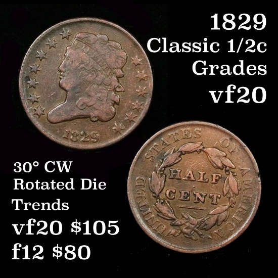30° cw rotated die 1829 Classic Head half cent 1/2c Grades vf, very fine