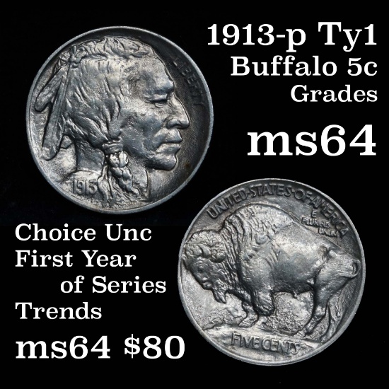 1913-p Ty1 Buffalo Nickel 5c Good Eye Appeal Grades Choice Unc nice luster