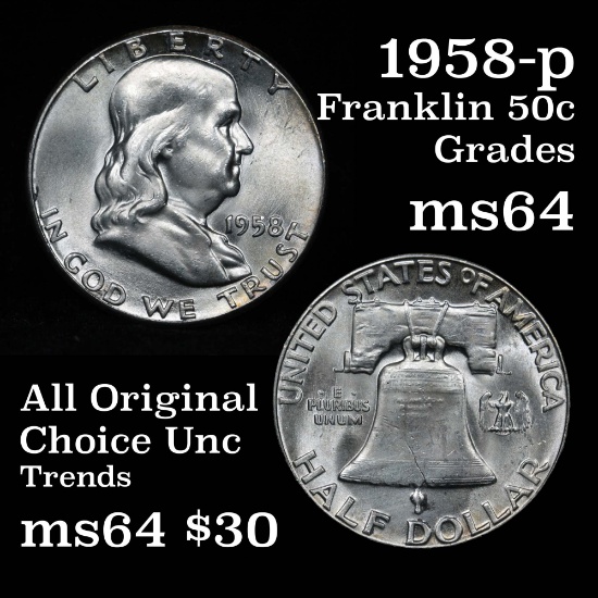 1958-p Franklin Half Dollar 50c good eye appeal Grades Choice Unc Light Toning
