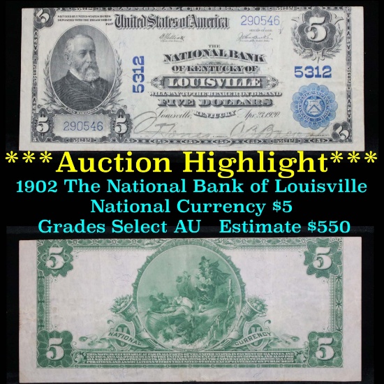 ***Auction Highlight*** 1902 The National Bank of Louisville Nat'l Currency $5 Grades Select AU (fc)