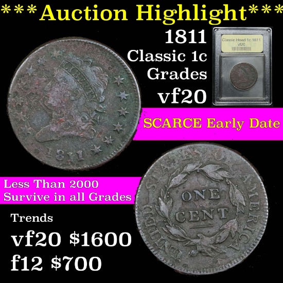 ***Auction Highlight*** Early Date 1811 Classic Head Large Cent 1c Graded vf, very fine by USCG (fc)