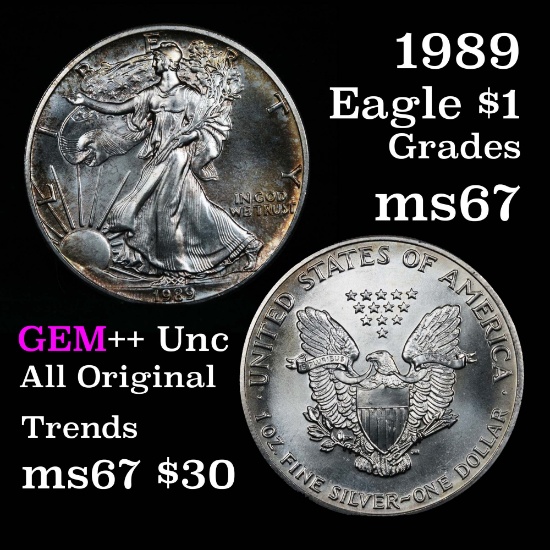 nicely toned 1989 Silver Eagle Dollar $1 Grades GEM++ Unc