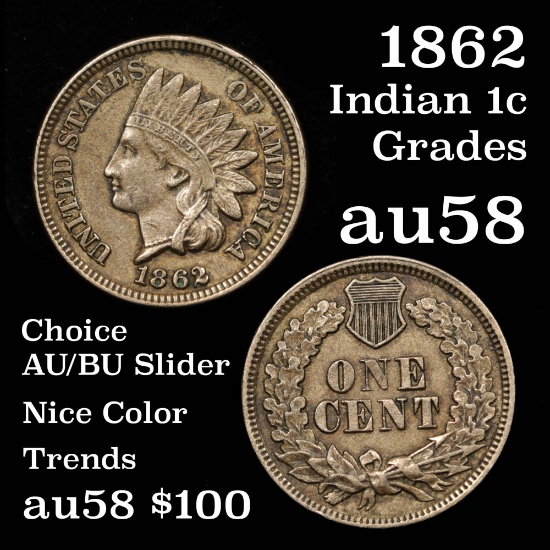 Full Liberty 1862 CN Indian Cent 1c 4 diamonds Grades Choice AU/BU Slider nice example