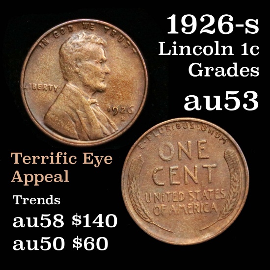 scarce date 1926-s Lincoln Cent 1c terrific eye appeal Grades Select AU