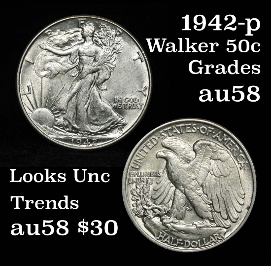 1942-p Walking Liberty Half Dollar 50c Grades Choice AU/BU Slider Looks Unc