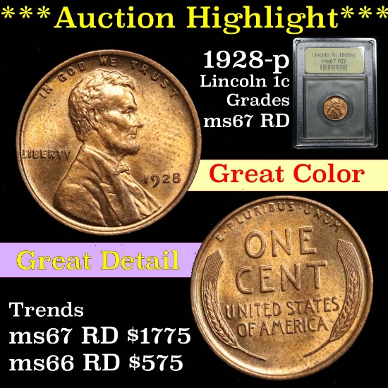 ***Auction Highlight*** 1928-p Lincoln Cent 1c outstanding color Graded GEM++ Unc RD by USCG (fc)