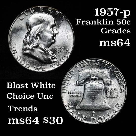 Blast White 1957-p Franklin Half Dollar 50c Good Luster Grades Choice Unc
