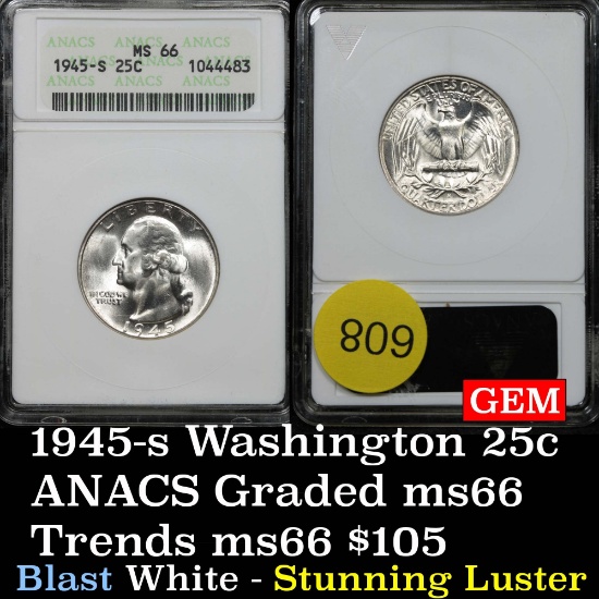 Super example of the ANACS 1945-s Washington Quarter 25c Old Anacs holder Graded ms66 By ANACS