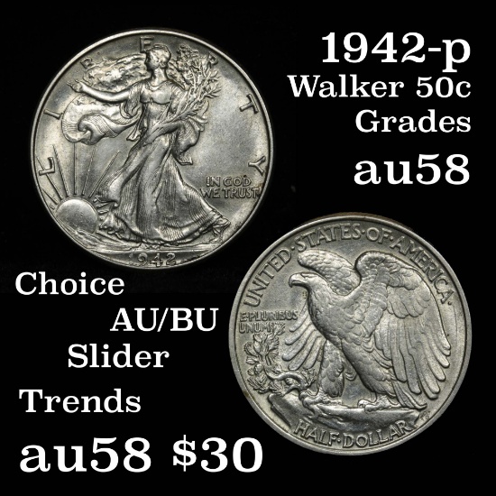 1942-p Walking Liberty Half Dollar 50c Grades Choice AU/BU Slider Looks Unc