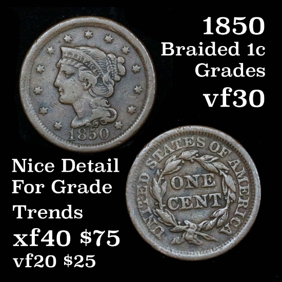 1850 Braided Hair Large Cent 1c Grades vf++ Good Detail for the Grade