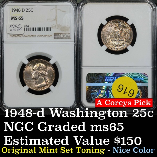 Terrific gem example of the NGC 1948-d Washington Quarter 25c Nice color Graded ms65 By NGC