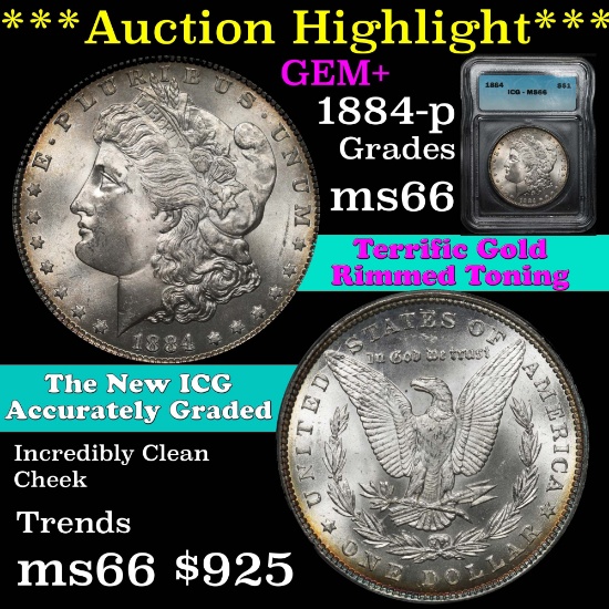 ***Auction Highlight*** 1884-p Morgan Dollar $1 Terrific gold rim toning Graded ms66 By ICG (fc)