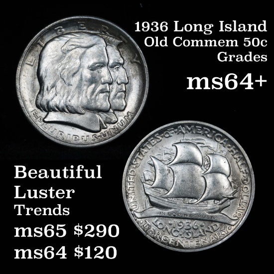 1936 Long Island Old Commem Half Dollar 50c Great Eye Appeal Grades Choice+ Unc All Original