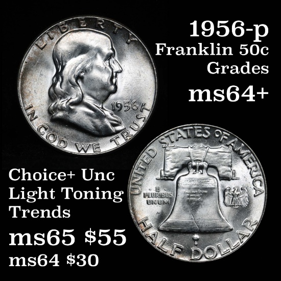 1956-p Franklin Half Dollar 50c Good Luster Grades Choice+ Unc Light Toning