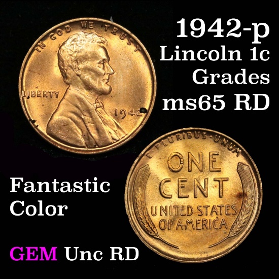 1942-p Lincoln Cent 1c super color Grades GEM Unc RD