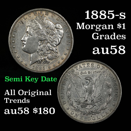 Very near Unc 1885-s Morgan Dollar $1 good luster Grades Choice AU/BU Slider Semi key date (fc)
