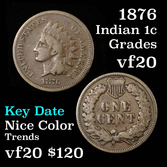 key date 1876 Indian Cent 1c Pleasing chocolate brown color Grades vf, very fine