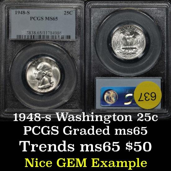 Nice gem example of the PCGS 1948-s Washington Quarter 25c Graded ms65 by PCGS