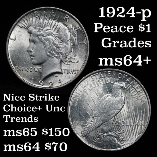 1924-p Peace Dollar $1 great eye appeal Grades Choice+ Unc golden toning
