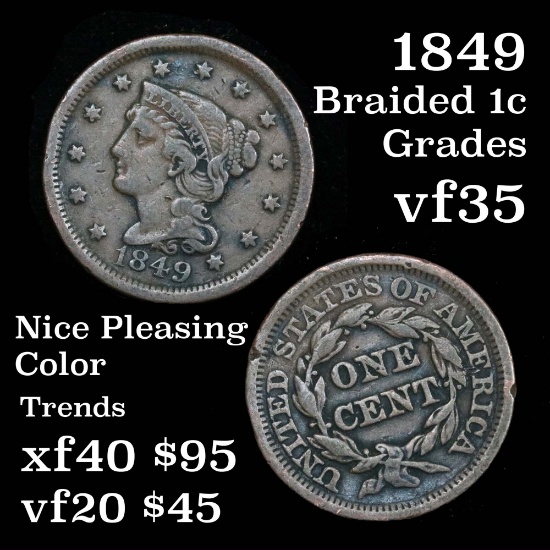 1849 Braided Hair Large Cent 1c Pleasing Chocolate Brown Color Grades vf++ Nice Eye Appeal