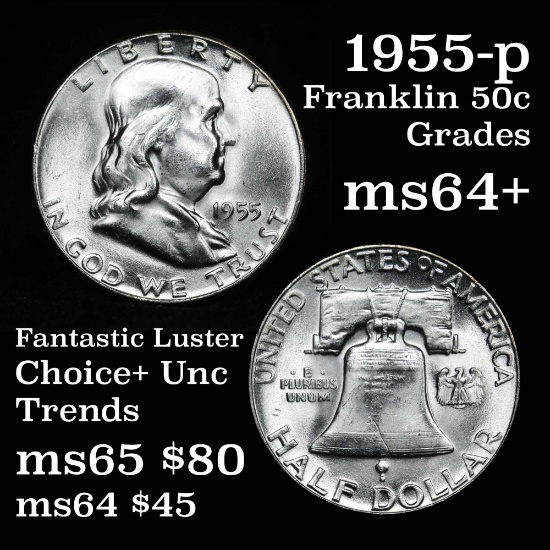 Blast White 1955-p Franklin Half Dollar 50c Very near Gem Grades Choice+ Unc