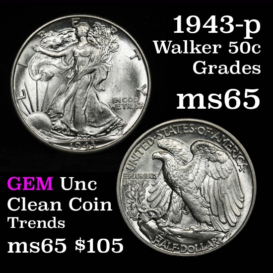 1943-p Walking Liberty Half Dollar 50c Blast White Grades GEM Unc Exceptional Eye Appeal