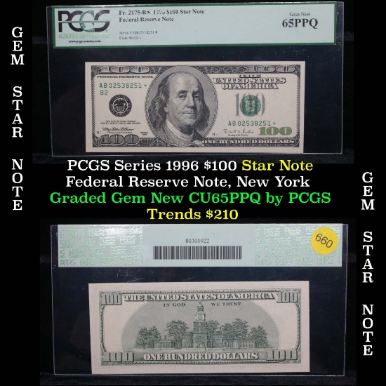 PCGS Series 1996 $100 Star Note Federal Reserve Note, New York  Graded Gem New CU65PPQ by PCGS (fc)