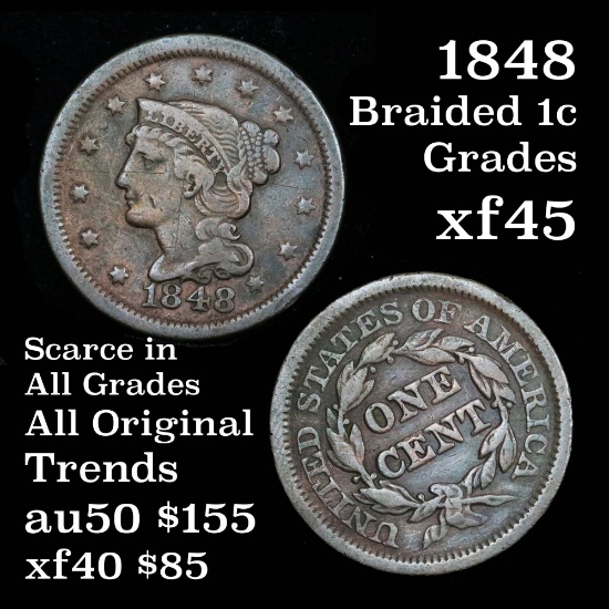 1848 Braided Hair Large Cent 1c nice detail Grades xf+ well struck