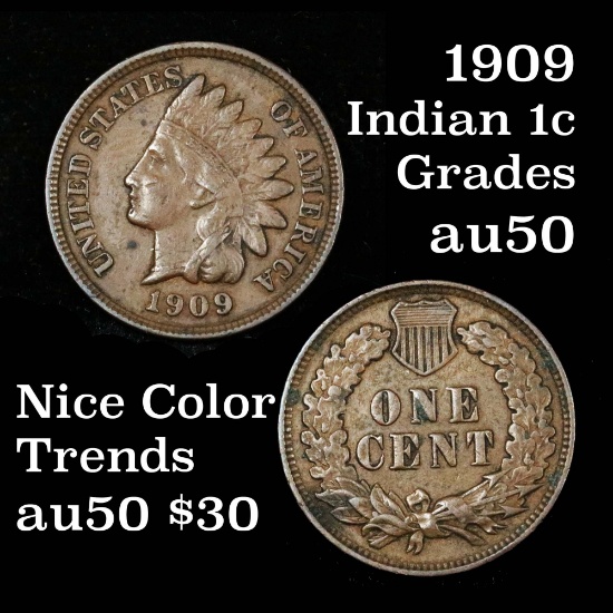 4 diamonds 1909 Indian Cent 1c chocolate brown color Grades AU, Almost Unc better date