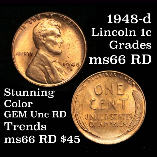 1948-d Lincoln Cent 1c dynamite Eye Appeal Grades GEM+ Unc RD spectacular luster