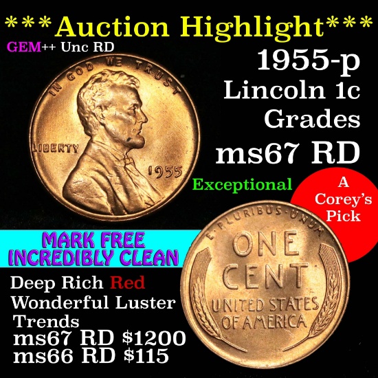 ***Auction Highlight*** 1955-p Lincoln Cent 1c mark free Grades GEM++ Unc RD Incredibly clean (fc)
