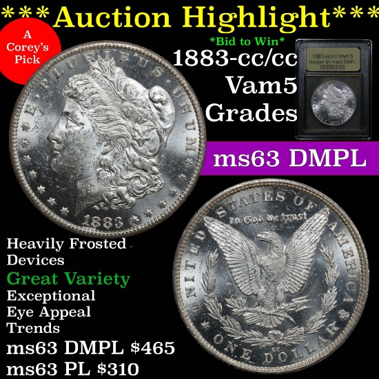***Auction Highlight*** 1883-cc/cc Vam 5 Morgan $1 spiked beak' Graded Select Unc DMPL by USCG (fc)