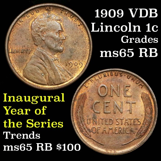 Blazing luster 1909 VDB Lincoln Cent 1c Grades GEM Unc RB