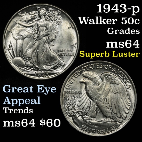 1943-p Walking Liberty Half Dollar 50c great eye Appeal Grades Choice Unc Dynamite Luster