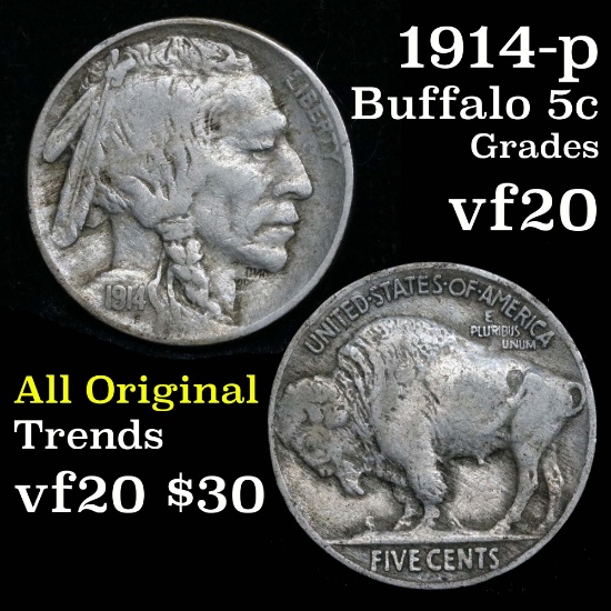 better date 1914-p Buffalo Nickel 5c Tiny Counterstamp under Indian chin, cool Grades vf, very fine