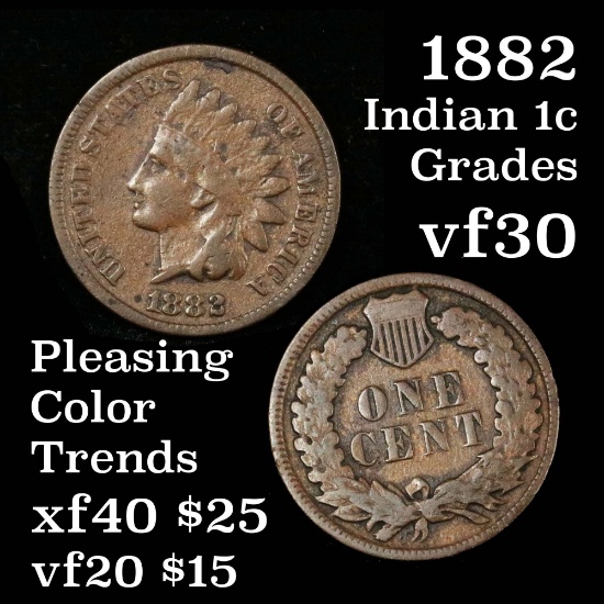 Full Liberty 1882 Indian Cent 1c Pleasing chocolate brown color Grades vf++ tough date