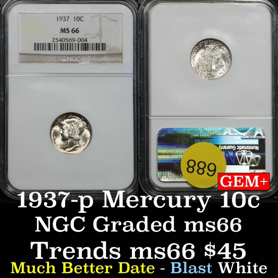 Much better date NGC 1937-p Mercury Dime 10c Beautiful eye appeal Graded ms66 By NGC Blast white