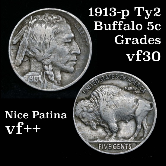 Scarce variety 1913-p Ty2 Buffalo Nickel 5c Grades vf++