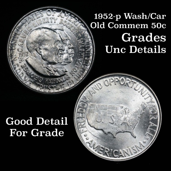 1952-p Wash/Car Old Commem Half Dollar 50c Grades Unc Details Nice Luster