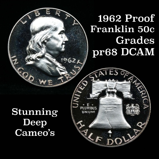 1962 Proof Franklin Half Dollar 50c Superb Eye Apeal Grades GEM++ Proof Deep Cameo Striking Cameo