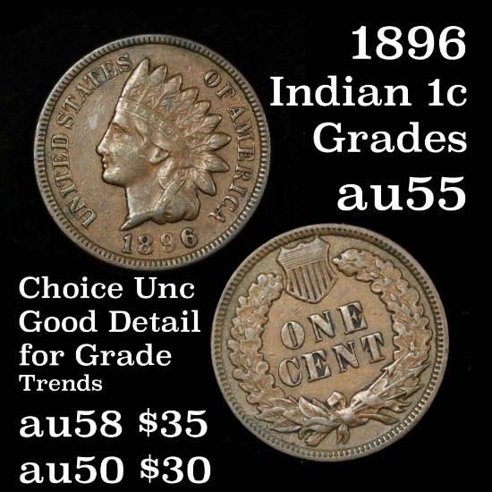 Full Liberty 1896 Indian Cent 1c 3 diamonds Grades Choice AU Pleasing Chocolate Brown Color
